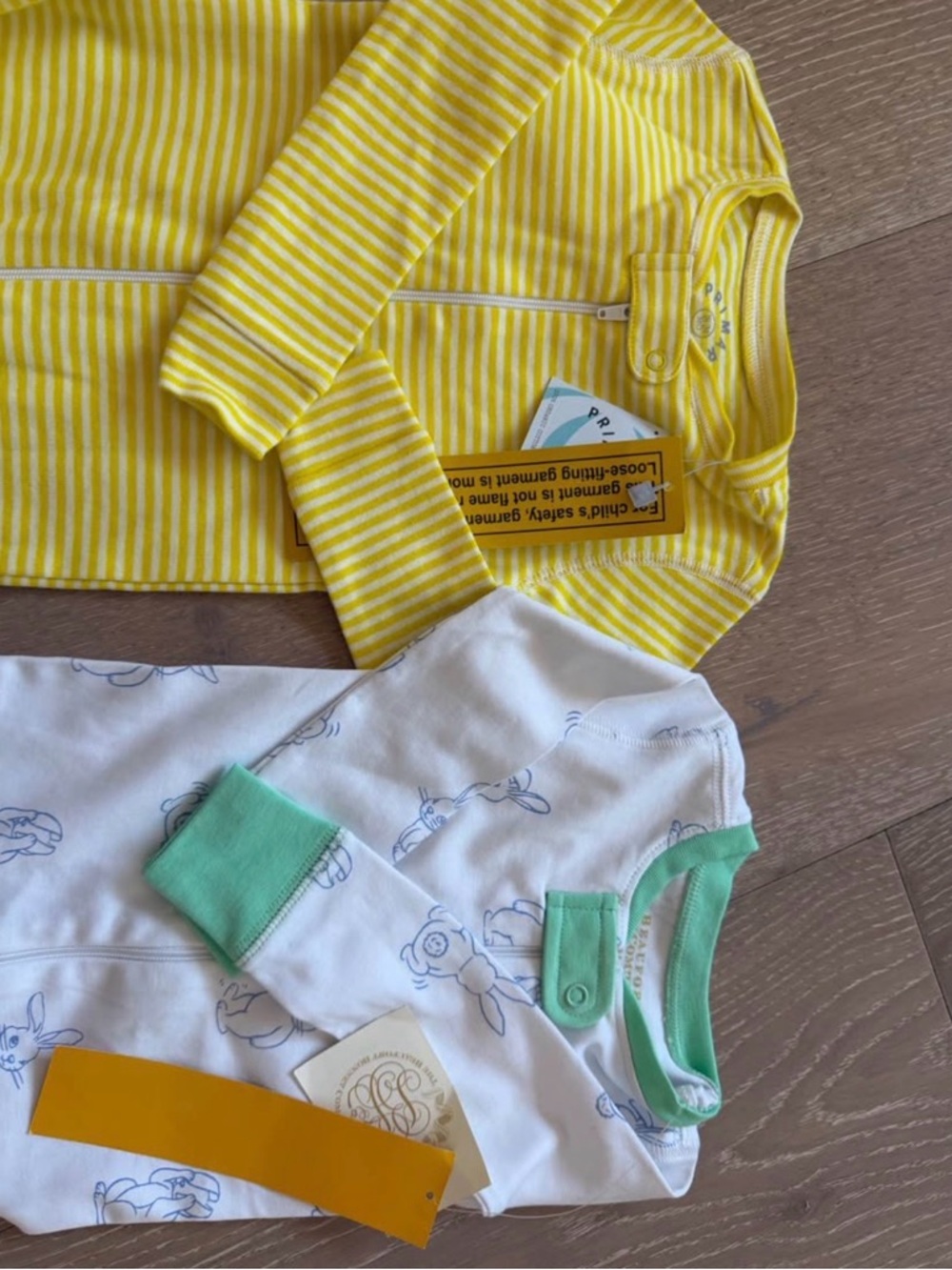 The Beaufort Bonnet Company Yellow Stripe and White Bunny Print Footies